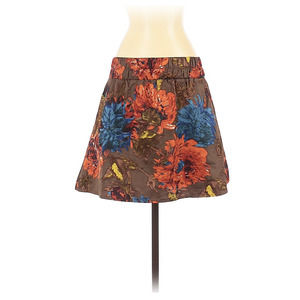 Criss Cross Brown Red Floral Circle Mini Skirt Elastic Waist Small